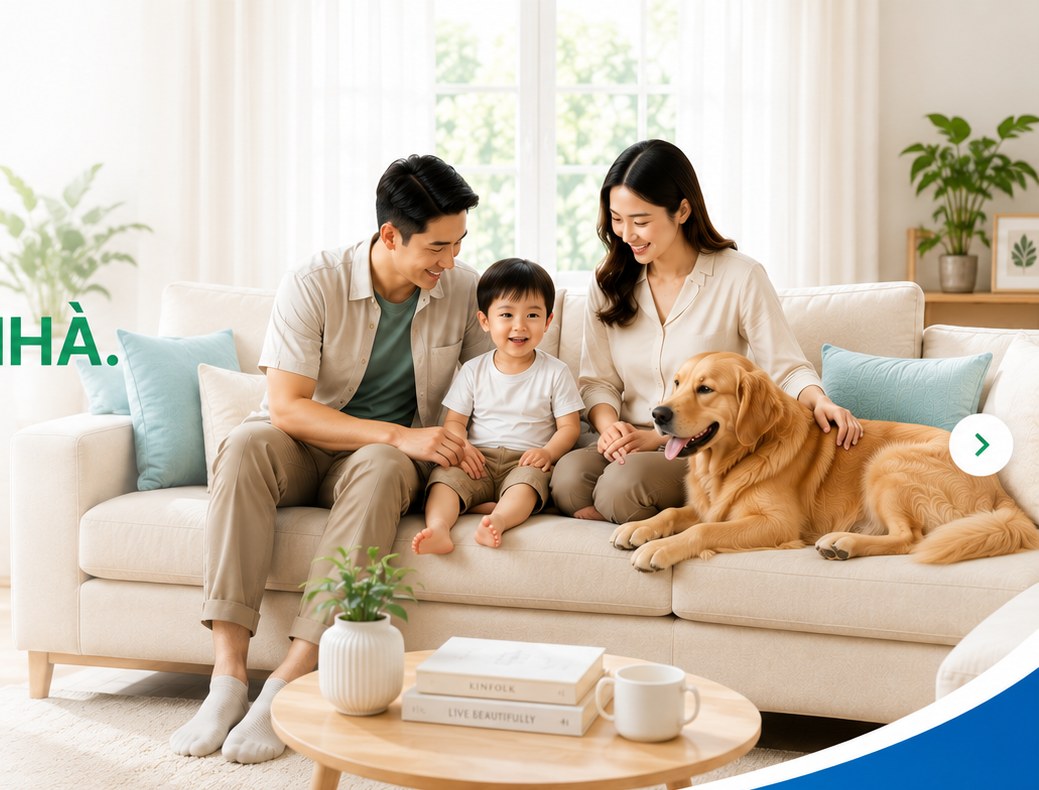 Gia đình cùng thú cưng thư giãn trên sofa sạch của CHĂM SOFA